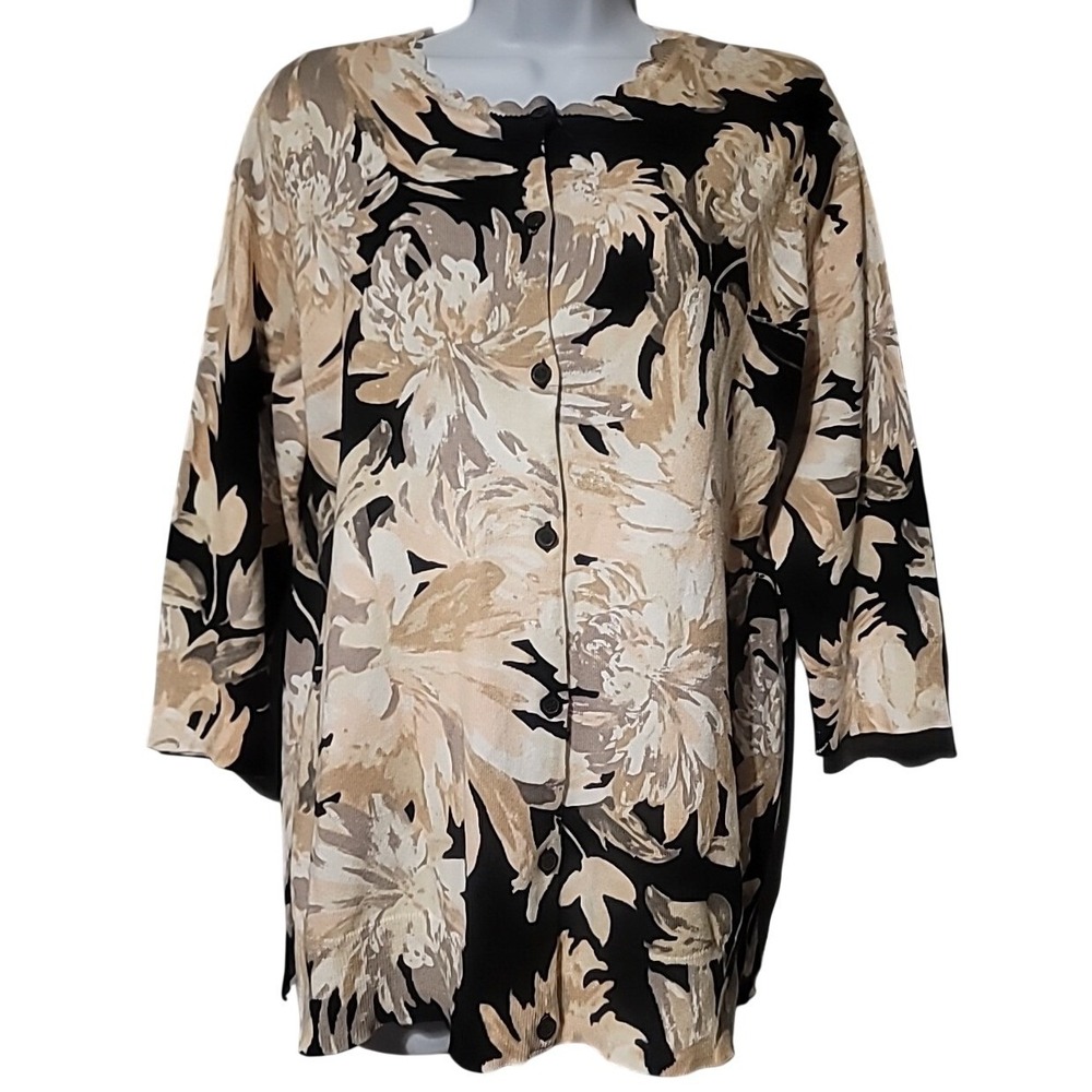 Isaac Mizrahi Live! Womens Floral Scalloped Button Front Cardigan Sweater Tan M
